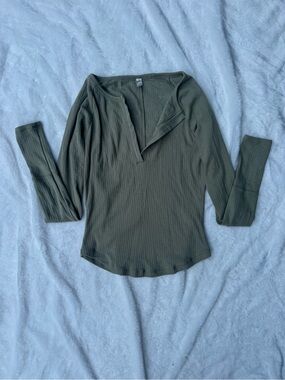 Free People Olive Green Ribbed V-Neck Long Sleeve Top